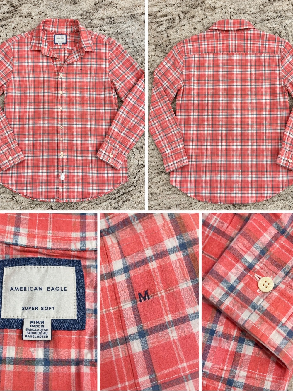 American Eagle Outfitters Coral Red Plaid Button-Down Shirt